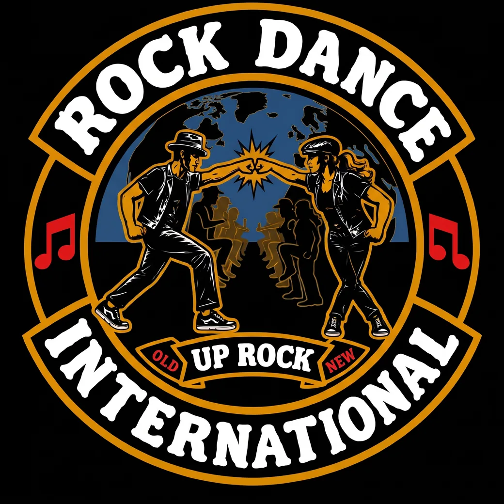 Rock Dance International patch: two rockers bump fists in front of a globe, with a line of rockers behind them